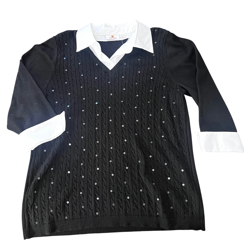 NWT Quaker‎ Factory Black Cable Knit Sequin Collared Sweater Women's Size L Prep